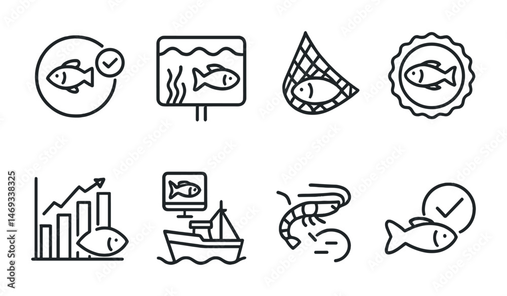 Naklejka premium Fishing industry line icons set – marine, outline, fishery and seafood symbols