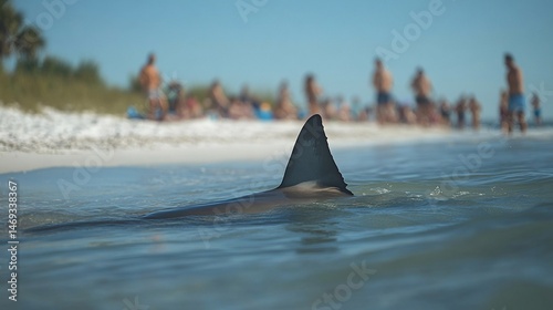 Dramatic shark fin surfacing near unsuspecting beachgoers on sunny day
