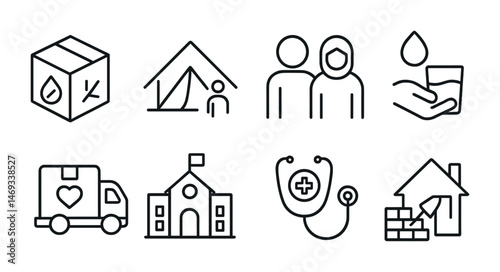 Humanitarian aid line icons set – outline, emergency, relief and support symbols
