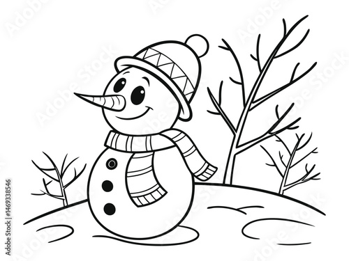 Christmas line art illustration, cute snowman on white background. For printable children's coloring pages or books, toddler activities