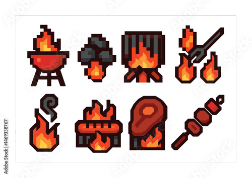 Pixel art barbecue icons for cooking and grilling design projects