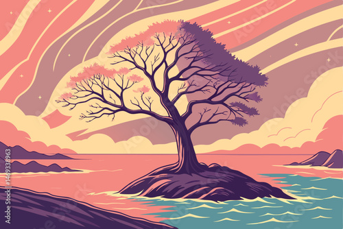 89 a lone tree on an island in the middle of a tranquil ocean, with a magical sunset sky in the background, glowing branches, surreal fantasy landscape, cinematic, 8k, highly detailed, hyper realistic