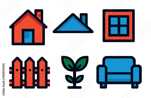 Home and garden outline icons set – flat, linear, lifestyle and decor symbols