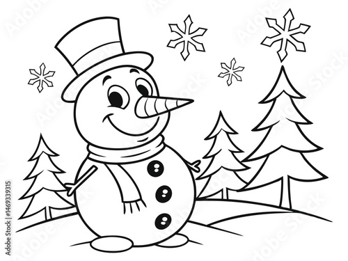 Christmas line art illustration, cute snowman on white background. For printable children's coloring pages or books, toddler activities