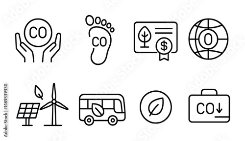 Eco and sustainability outline icons set – line, green, renewable energy symbols