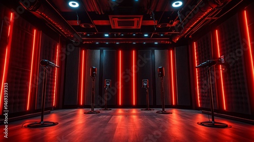 Sleek podcast studio illuminated by vibrant red neon lighting equipment