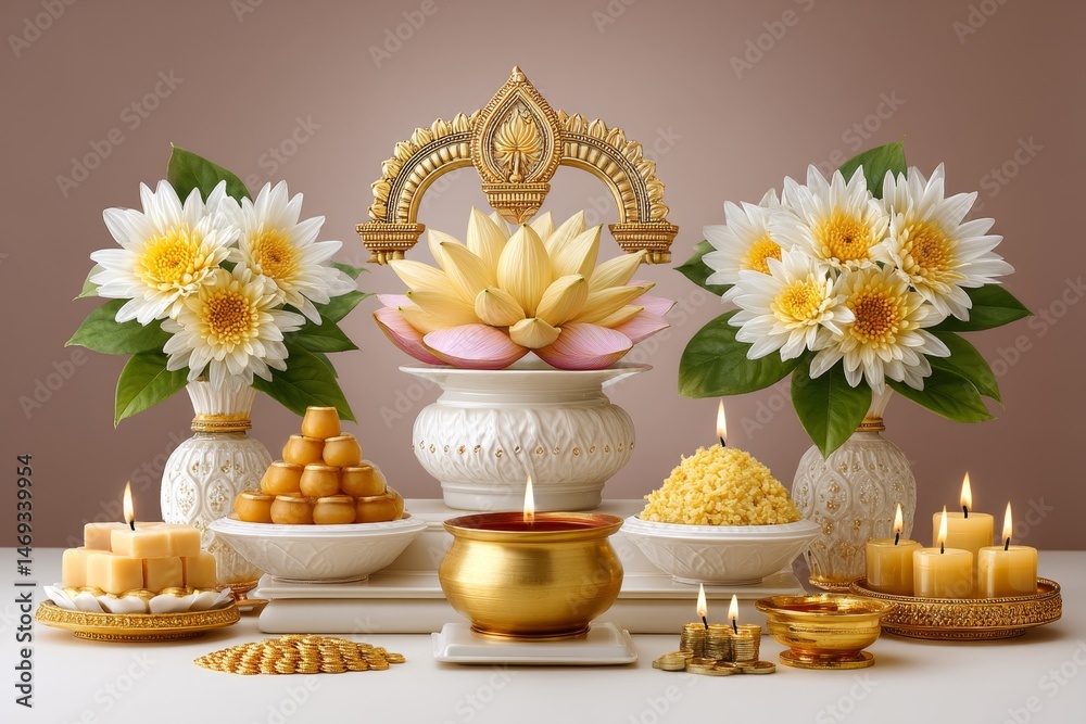 Obraz premium A traditional Lakshmi Puja altar decorated with flowers, diya, and gold coins