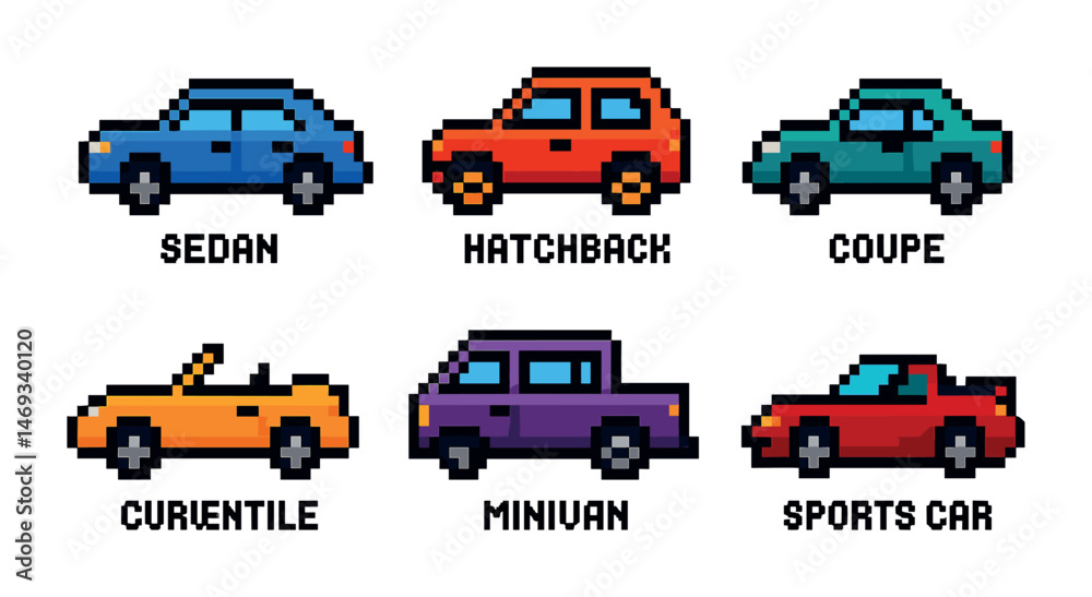 Naklejka premium Vintage cars pixel art icons set – retro, isometric, classic vehicle symbols