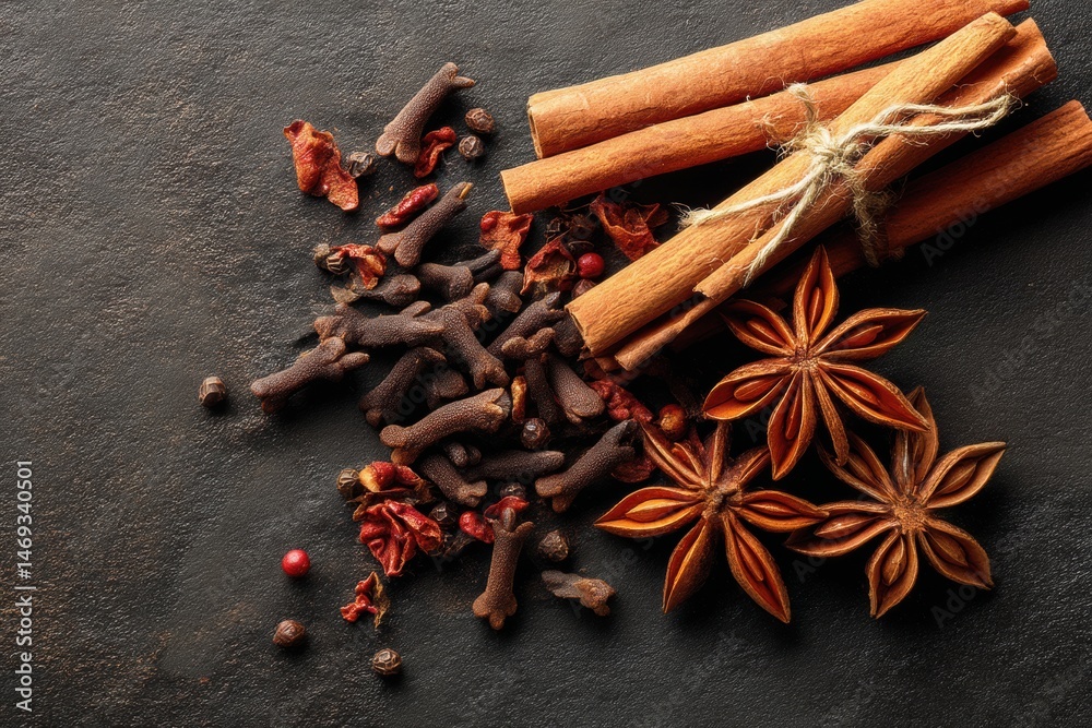 Exploration of Autumn Spices Featuring Cloves, Cinnamon Sticks, and Star Anise Displayed on a Dark Surface Generative AI