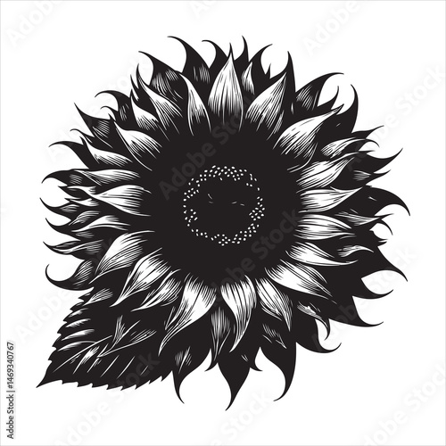 Black sunflower silhouette on a bright white background, clean and detailed petals 