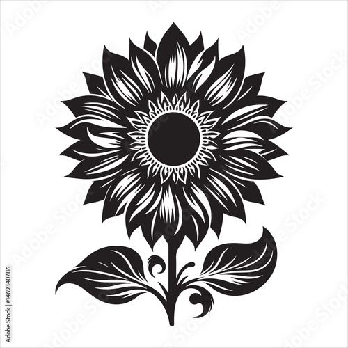 Black sunflower silhouette on a bright white background, clean and detailed petals 