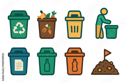 Waste management icons set – outline, recycling, trash and eco-friendly symbols