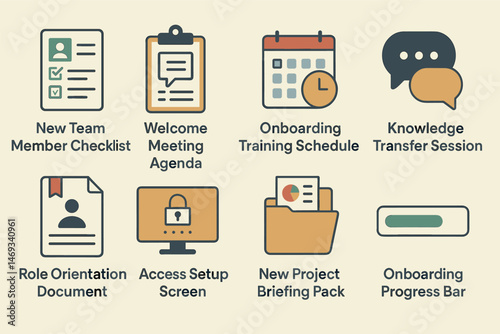 Onboarding and training outline icons set – linear, startup, corporate essentials