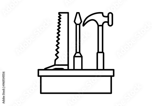 Icono negro de caja de herramientas con sierra, destornillador y martillo.