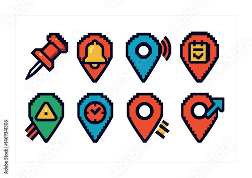 Location and navigation icons set – pixel art, map, gps and wayfinding symbols