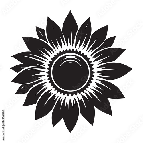Black sunflower silhouette on a bright white background, clean and detailed petals 