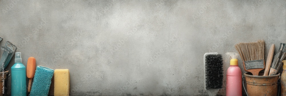Urban Cleaning Tools Arranged Against a Faded Wall Backdrop Highlighting a Busy Cleaning Activity in an Industrial Setting Generative AI