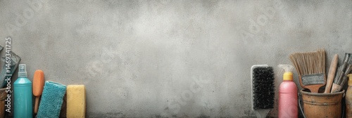 Urban Cleaning Tools Arranged Against a Faded Wall Backdrop Highlighting a Busy Cleaning Activity in an Industrial Setting Generative AI