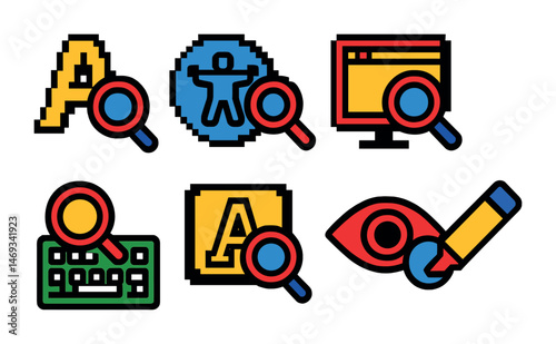 Accessibility pixel art icons set – 3d, colorful, inclusive and technology symbols