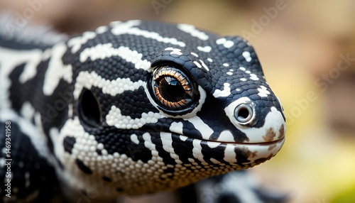 Detailed Close Up of a Black and White Tegu Head with Striking Orange Eyes Scales from High Angle with Softly Blurred Natural Background photo