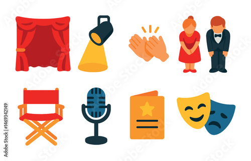 Theater and performance icons set – flat, filled, drama and stage symbols
