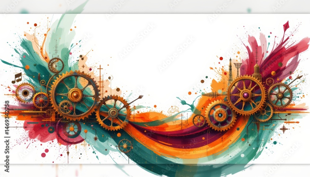 Abstract Gears and Watercolor Swirl