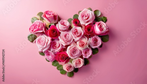 pink and magenta rose flower heart arrangement on pastel background for romantic web design, greeting card, or feminine branding graphic
