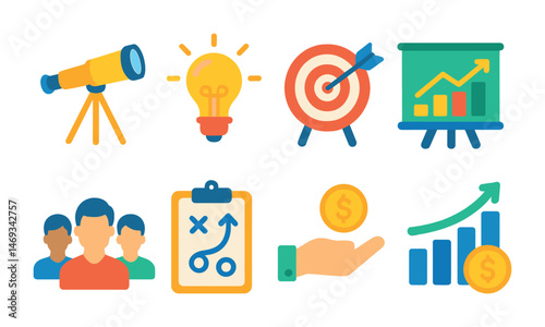 Business and strategy flat icons set – filled, analytics and growth symbols