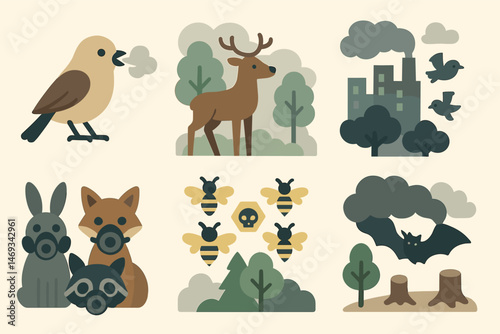 Environmental impact flat icons set – pollution, wildlife, nature conservation graphics