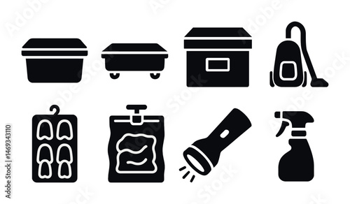 Household tools solid icons set – silhouette, filled, home essentials symbols