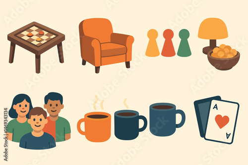 Board game icons set – flat, filled, hobby and leisure gaming symbols
