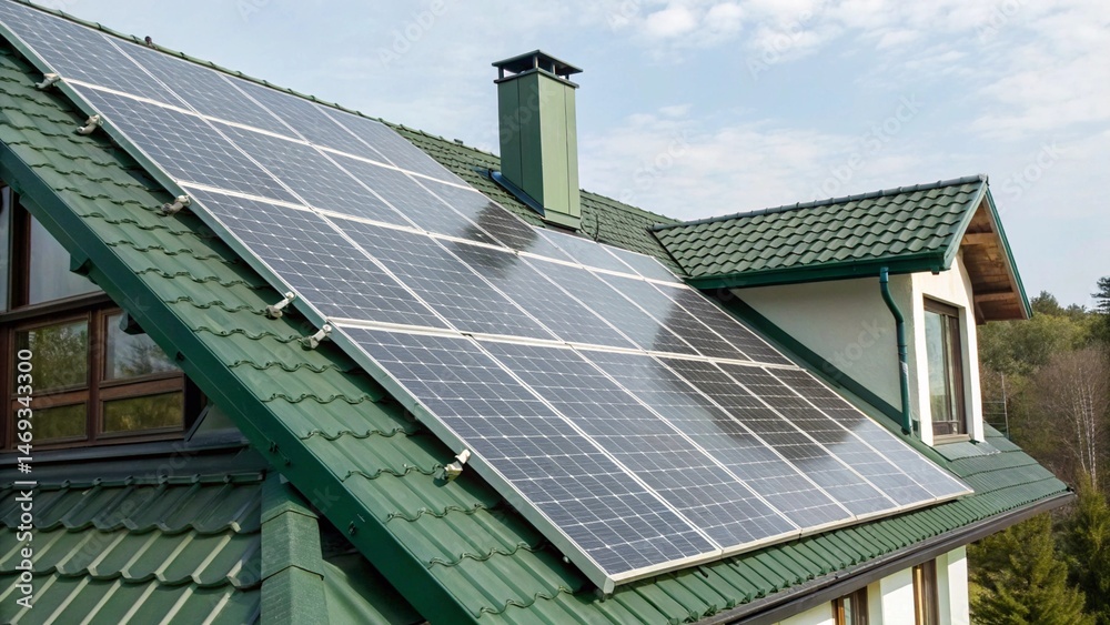 Fototapeta premium Detailed Close Up of Solar Panels on Environmentally Friendly Building Roof