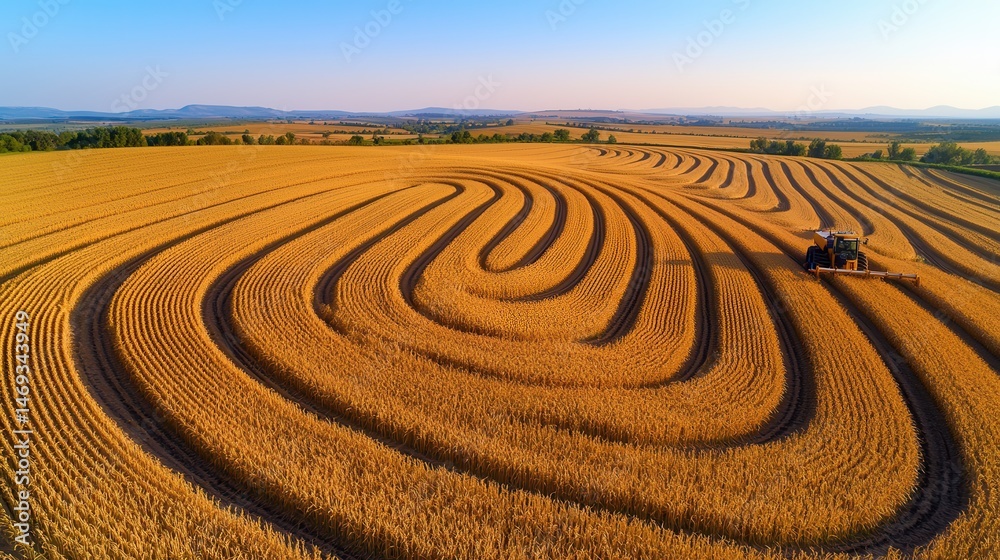 Naklejka premium Midwest wheat field drone shot capturing mesmerizing curved and linear patterns in golden harvest, vast agricultural landscape with textural details and shadows highlighting three-dimensional quality