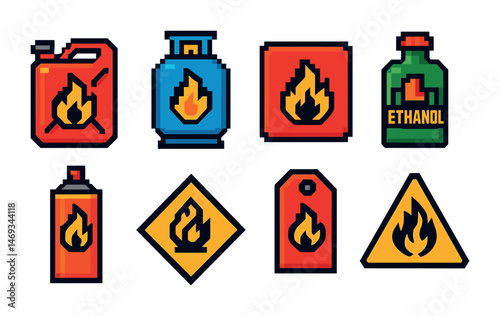 Flammable and hazard icons set – pixel art, warning, safety precautions symbols