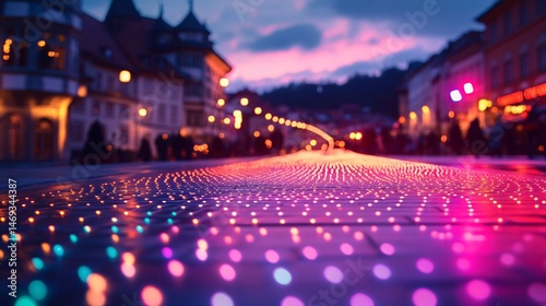 neon LED lights across a market square background