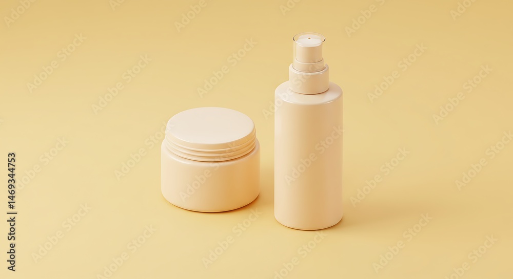 Elegant Cream and Spray Bottles on Yellow Background: Minimalist Product Mockup Elegant Cream and Spray Bottles on Yellow Background: Minimalist Product Mockup