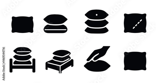 Comfort pillow silhouette icons set – solid, bedding, relaxation and sleep symbols