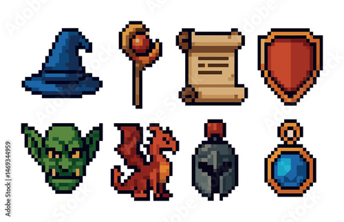 Fantasy rpg pixel art icons set – gaming, adventure, magic symbols