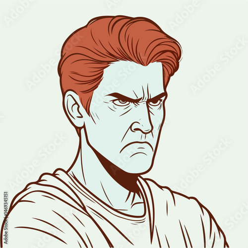 Stoic Expression: A captivating head and shoulders illustration of a man with a stern expression, etched with intensity, reflecting focus and determination, rendered in a bold, modern style.