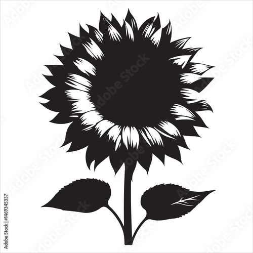 Black sunflower silhouette on a bright white background, clean and detailed petals 