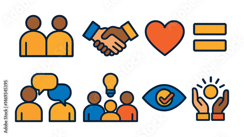 Diversity and inclusion outline icons set – flat, linear, equity and unity symbols