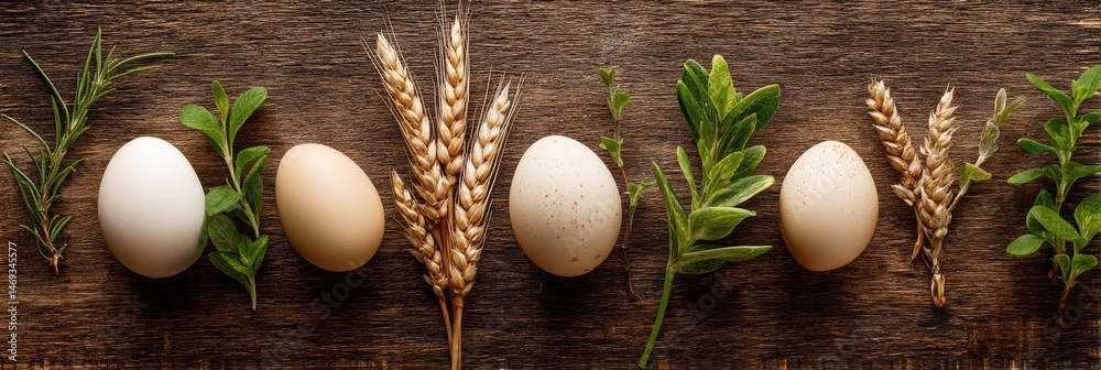 Isometric Arrangement of Eggs With Sprigs of Herbs and Wheat on Rustic Wooden Table Backdrop Generative AI