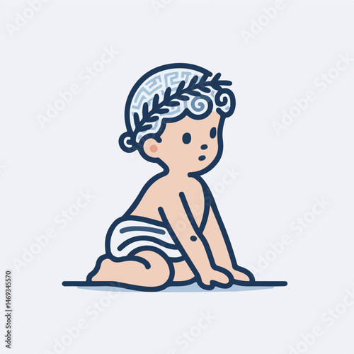 Cute infant in Greek attire: Adorable baby with laurel wreath and diaper in an iconic style on pastel background. Ideal for conveying innocence, wisdom, and ancient civilization symbolism. 