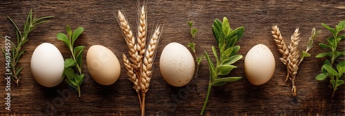 Obraz na płótnie Isometric Arrangement of Eggs With Sprigs of Herbs and Wheat on Rustic Wooden Table Backdrop Generative AI w salonie