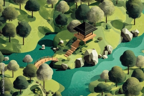 Isometric Meditation Retreat Set in Lush Natural Scenery With a Tranquil Pond and Wooden Bridge Surrounded by Trees Generative AI