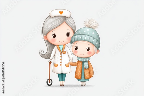 Watercolor of gentle nurse assisting elderly patient