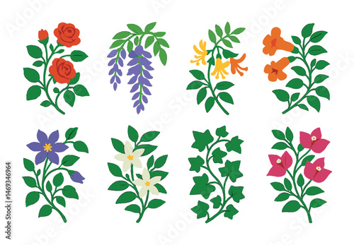 Floral and garden linear icons set – line, outline, botanical and nature motifs