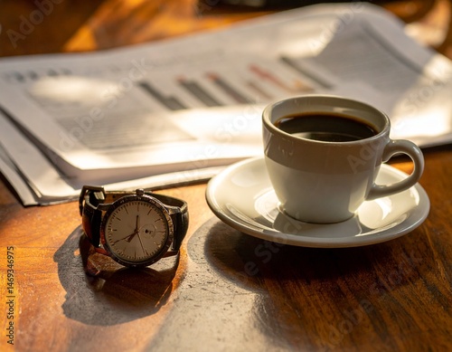  luxury dress watch placed beside a ceramic espresso cup and a folded financial news 