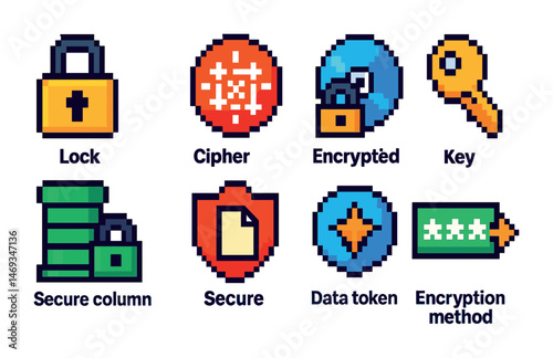 Cybersecurity pixel art icons set - digital, protection, data safety symbols
