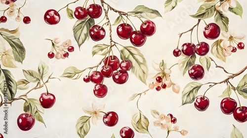 Cherry floral pattern on soft fabric background.